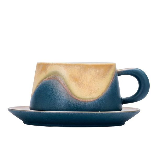 Distant Mountain Glaze Coffee Cup and Saucer, Light Luxury Ceramic Cup,