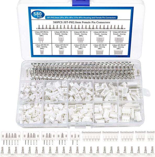580Piece JST PH Connector Kit - 2.0mm Pitch, 2/3/4/5/6-Pin Housings