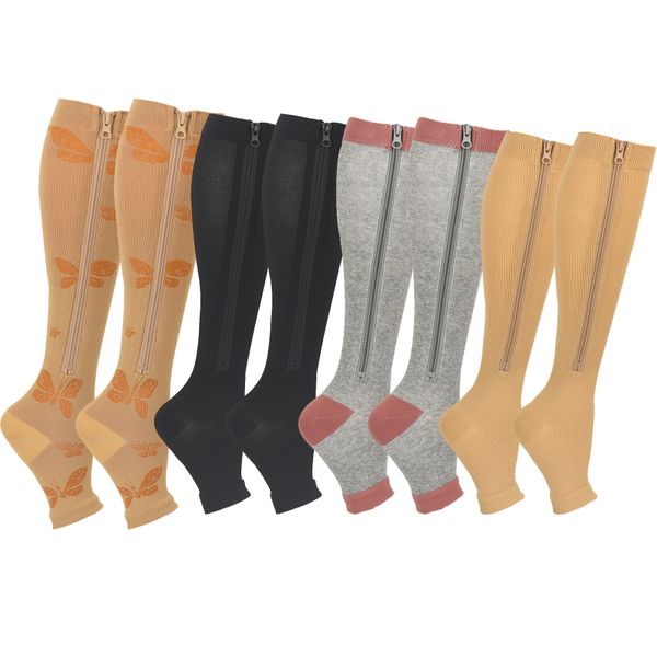 4 Pairs Zipper Compression Socks,15-20 mmHg Open and Closed Toe