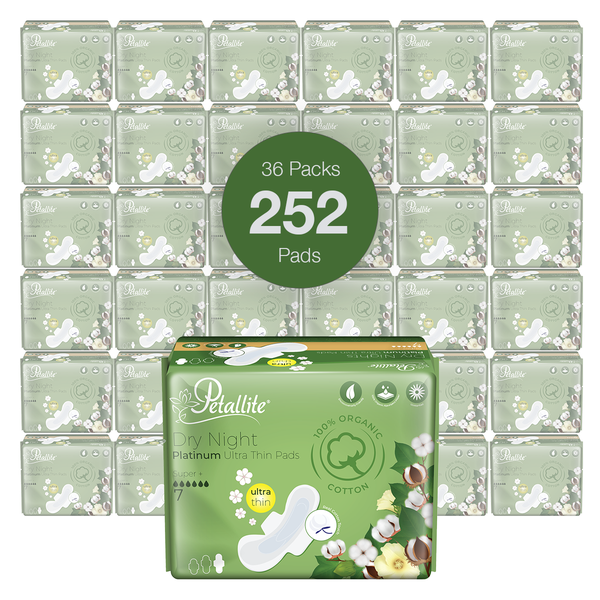 Petallite Organic Dry Night Ultra-Thin Pads (Box of 36 Packs - 252 Pads)