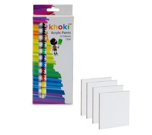 4 Mini Magnetic Canvas Panels (10cm) &amp; Acrylic Paint Set (12 Colours)