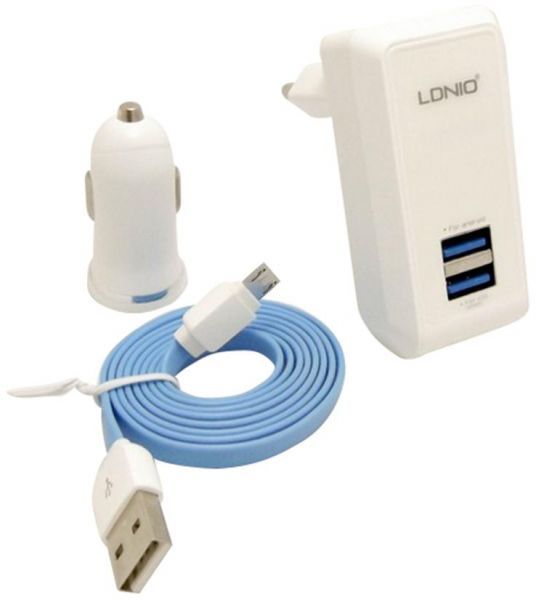 LDNIO 2.1A 3 In 1 Travel &amp; Car Charger 2 USB Port with Micro USB Cable Compatible with Samsung, Huawei, LG, Nokia, HTC &amp;Apple