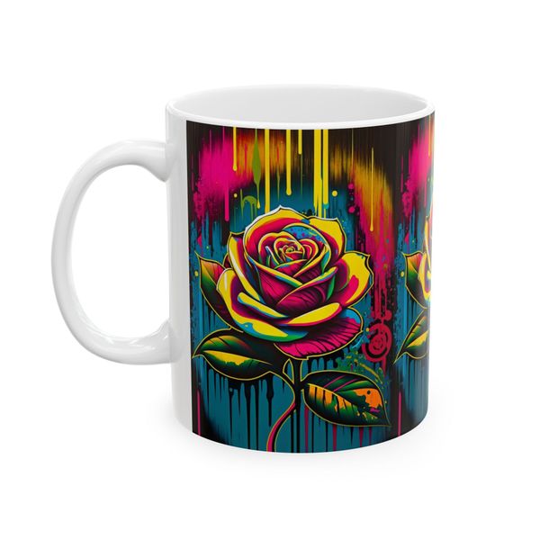 Rose Mug - Multicolored Rose With Paint Drip Background
