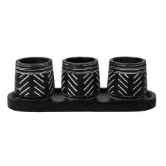 Flower Pot Set with Tray (4 piece), Cement, Black with White Carvings