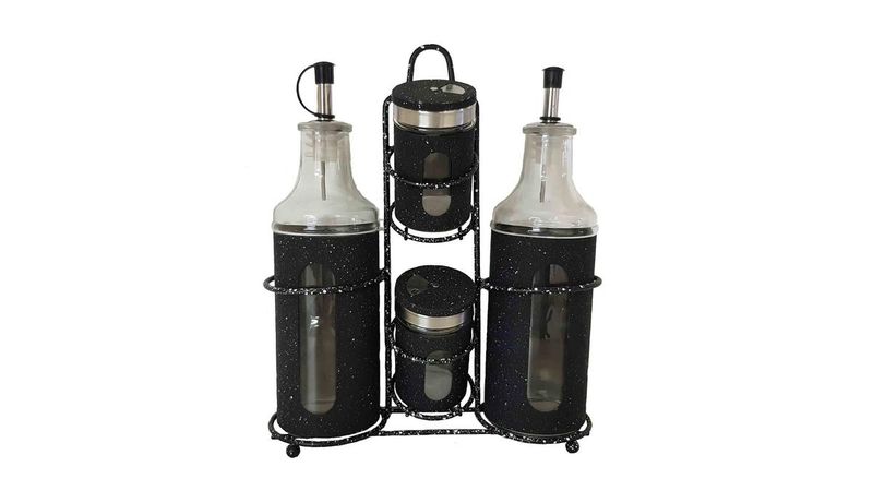 Continental Homeware 4 Piece Oil, Vinegar, Salt &amp; Pepper Spice Set - Black