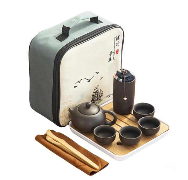 Portable Tea Set, Comprising 1 Teapot, 4 Teacups, 1 Saucer and 1 Travel Bag