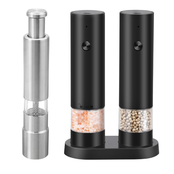 3 Piece Electric &amp; Manual Salt and Pepper Grinder Set