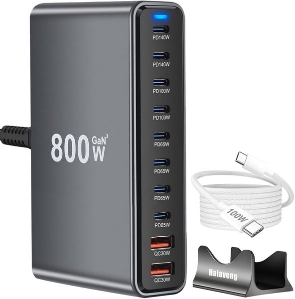 800W USB C Fast Charger Block, 10 Port USB Charging Station, GaN 140W PD