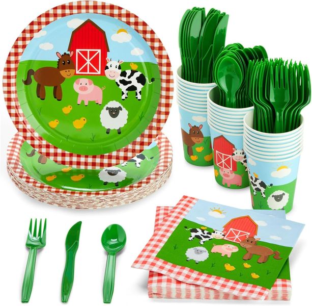 Topika - 144 Piece Farm Animal/Kitten Paper Party Plates and Cutlery Set