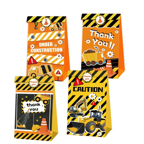 Party Favor Bags with Stickers - Construction Theme - 12 Bags