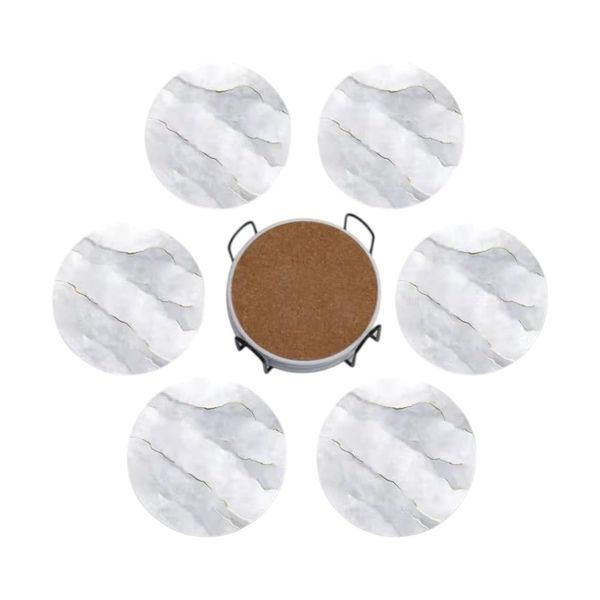 Set of 6 Ceramic Marble Design Coasters with Holder - Black/White