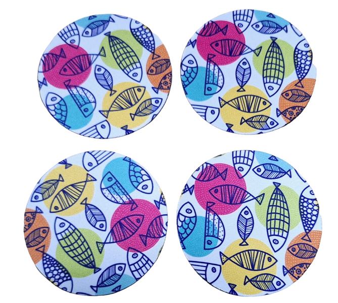 4-Piece Coaster Set with Rubber Backing - Hand-drawn Fish on Circles