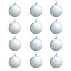 12 Piece White Christmas Balls with Silver Glitter