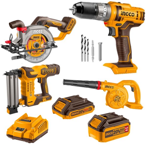 Ingco - Cordless Impact Drill, Circular Saw, Stapler, and Blower Combo Kit