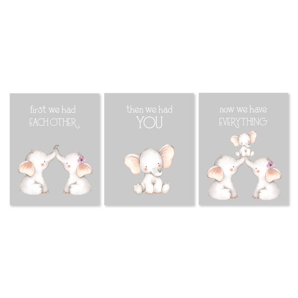 Nursery Wall Art - Elephant Family - Set of 3x A3