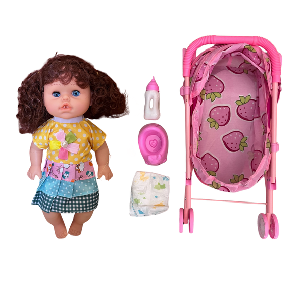 Baby Doll with Strawberry Pram Set