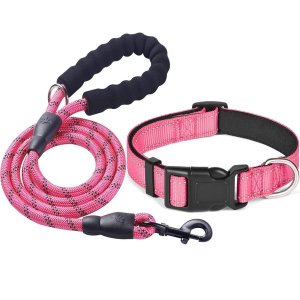 QYNIAL Padded Neoprene Dog Collar 50-60cm Leash Set With Reflective Strip