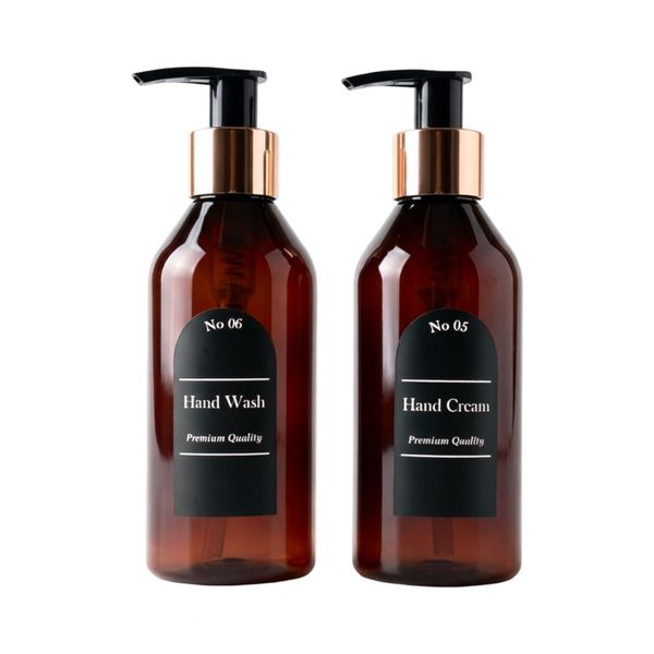 Refillable Plastic Amber Bottle 200ml Hand Wash &amp; Hand Cream Label Set of 2
