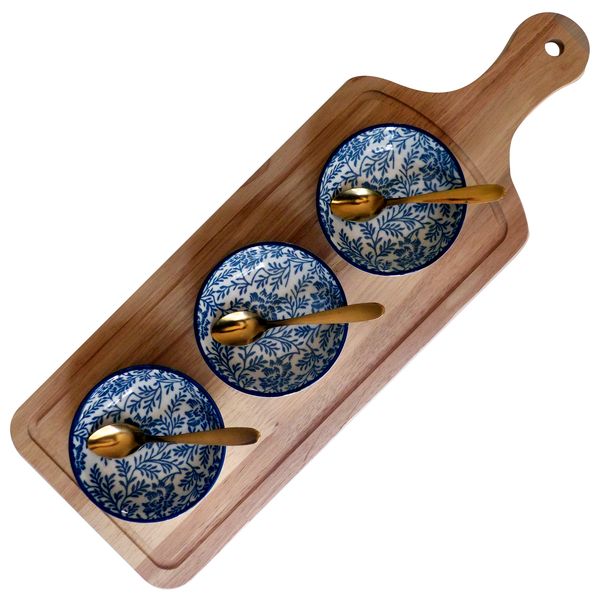 Tapas Board with 3 Flat Bowls, 3 Gold S/S Spoons