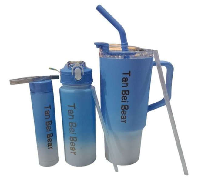 3-Piece Gradient Blue Sports Water Bottle Set With One Straw