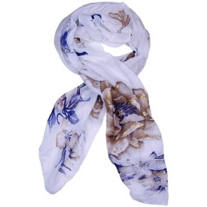 Ladies White Scarf with Brown Butterfly, Blue Bird and Gold Glitter Detail