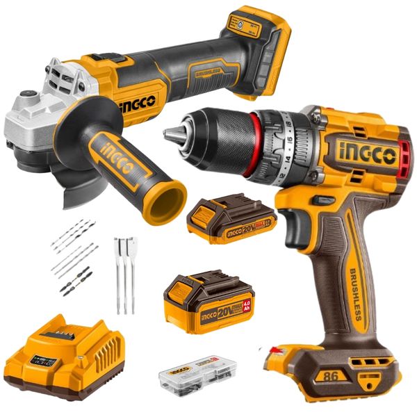 Ingco - Cordless Impact Drill &amp; Grinder with 2Ah &amp; 4Ah Battery and Charger