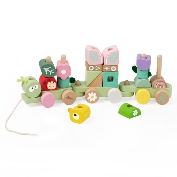 Classic World Pull Train with Building Blocks - Wooden Jungle - 27pcs
