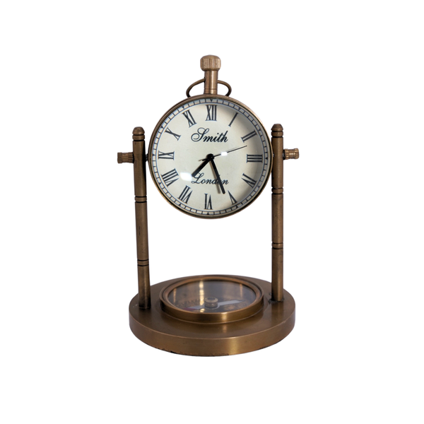 Handmade Brass 4 Inch Table Clock &amp; Compass for Analog Home &amp; Office Décor