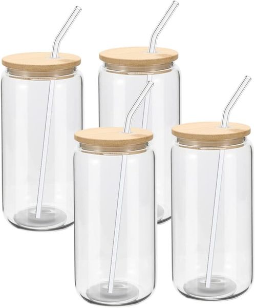 Multipurpose Glass Jars with Bamboo Lids and Straws-Set of 4