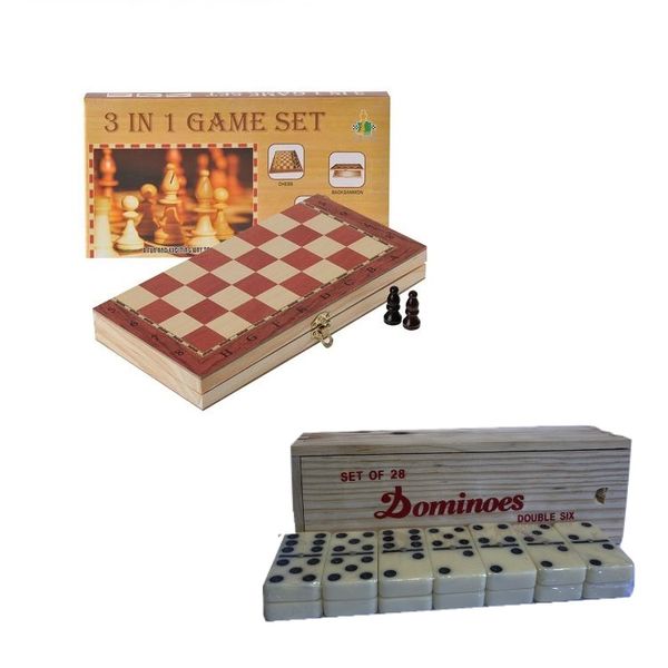 Board Games 3 In 1 Chess Backgammon Checkers + Dominoes Wooden Box