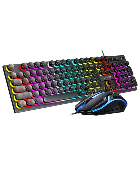 T-WOLF TF270 Retro Punk Rainbow RGB Backlit Keyboard with Mouse Set