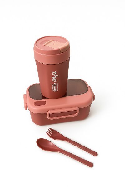 Rectangular Lunch Box with a Bottle, Fork, and Spoon (clickin)