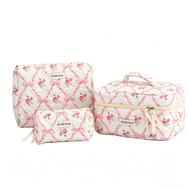 Cute Pink Floral Quilted Makeup Bag 3Piece Set Daily Beauty Organizer