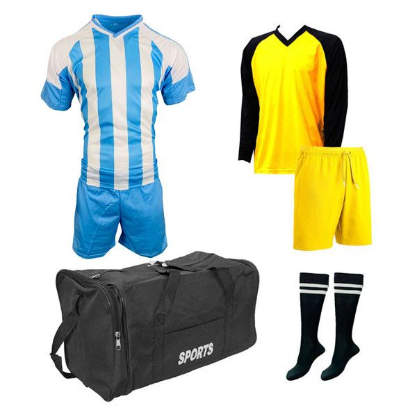 Soccer Kit-Goalkeeper Set &amp; Kit Bag - Football Team of 15 -Light Blue/White