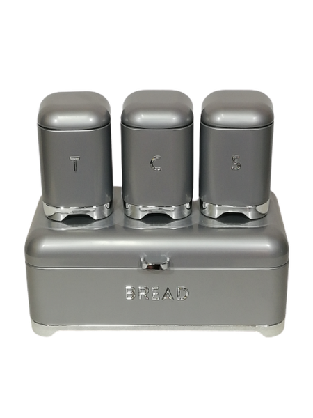 Bread bin &amp; Cannister Set 4pc Retro Grey &amp; Silver