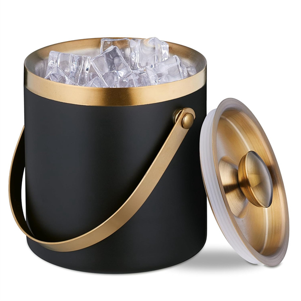 Ice Bucket Stainless Steel Double-Walled with Lid &amp; Handle Green &amp; Gold