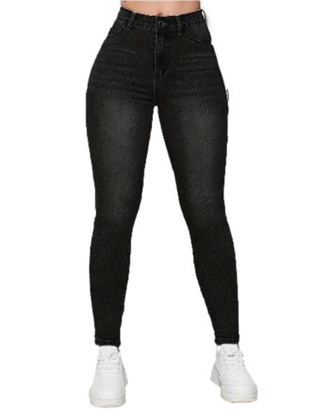 High Stretch Elegant High-Waist Skinny Jeans - Solid Black Cotton Blend, Long Length
