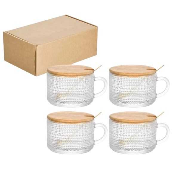 Dotted Glass Coffee Mug Embossed Glass Tea Cups with Lid and Spoon - Set of 4