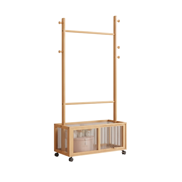 Mobile Bamboo Wardrobe Organizer - Garment Rail with Bottom Storage Cabinet