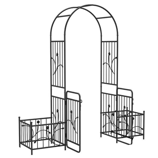 Garden Decor Arch with Gate &amp; Planters Metal Wedding For Outdoor (221cm)