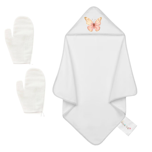 Baby-New Born Towel with Mom and Dad Glove Gift Set-Pastel Butterflies