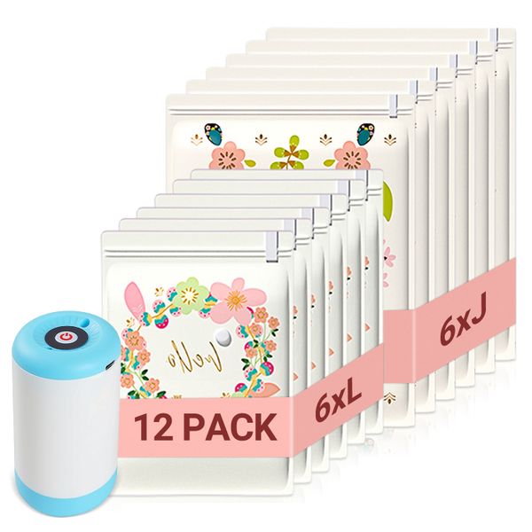 12 Pcs Vacuum Storage Bags with Wireless Electric Pump for Clothes Bedding