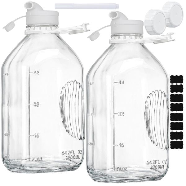 2Pack Glass Milk Bottles with 2 Pour Spouts &amp; 2 Airtight Lids Reusable Jug