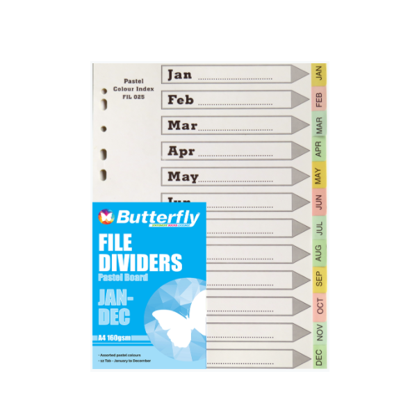 Butterfly A4 File Dividers Pastel Board - Jan-Dec (Pack Of 10)