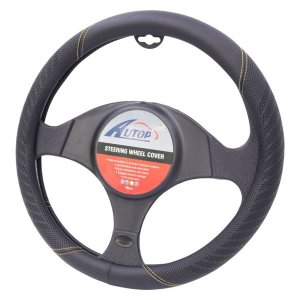 Universal Steering Cover Black Leather with Red &amp; Yellow Stitch - 38cm