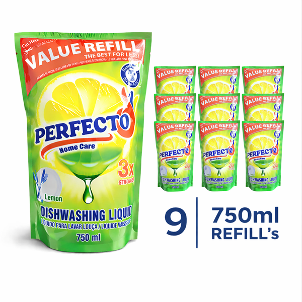 9 Pack | Dishwashing Liquid | Refill | Lemon | 750ml | Perfecto