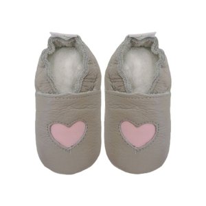 Pitta-Patta Soft Genuine Leather Baby Shoes - Light Grey With Pink Heart