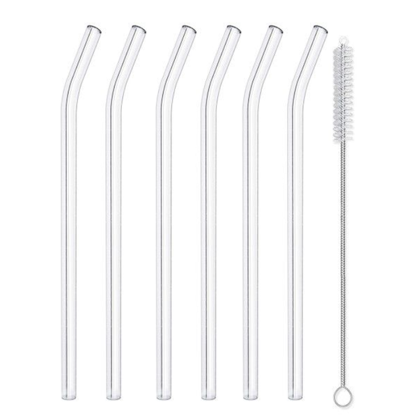Clear Glass Reusable Straws And Cleaning Brush - Set of 6