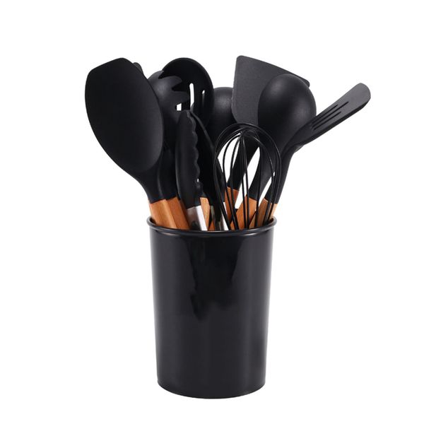 11 piece Silicone Kitchenware Set Wooden Handle with Storage Bucket Black