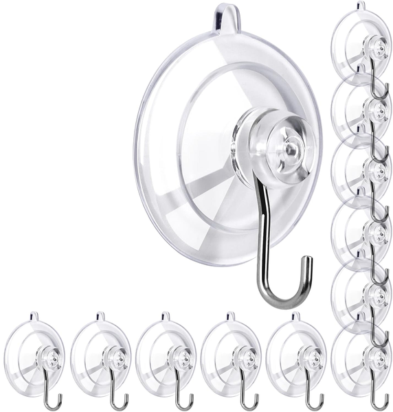 Suction Cup Hooks 12-Pack - Clear Medium Suction Cups Reusable &amp; Removable